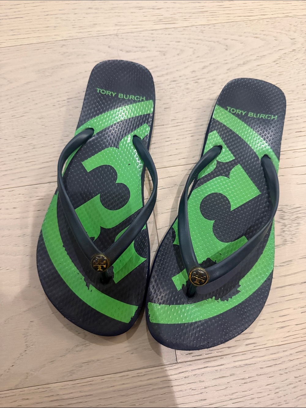 Tory Burch Navy & Green Logo Flip Flops